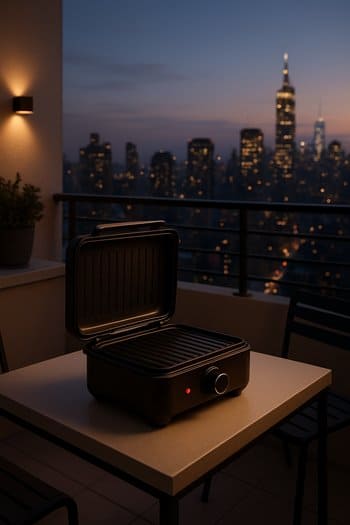 Şəhər mənzərəsi fonunda balkon qril axşamı