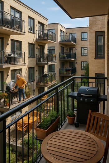 Eyni həyətə baxan balkonlar və aşağıda qril zonası