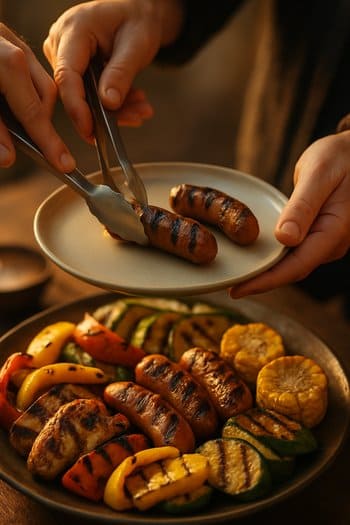 Qril masasında paylaşma boşqabından yemək alan əllər