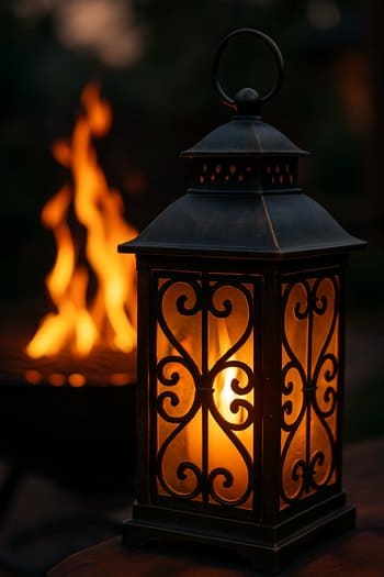 Qril alovu fonunda asılmış fənər işığı