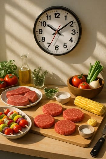 Qril hazırlığı fonunda saat və kəsilmiş məhsullar