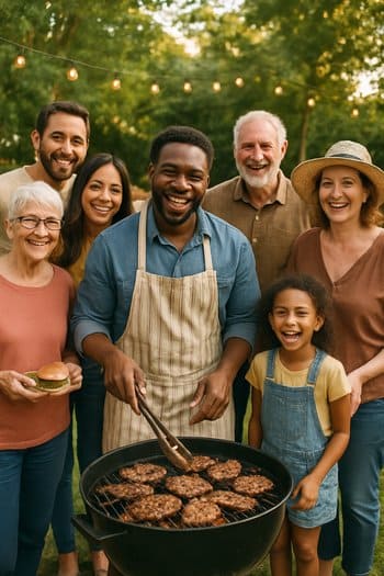 Qril masası ətrafında müxtəlif tip qonaqların qrupları