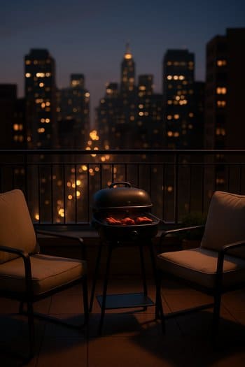 Şəhər fonunda gecə terrasında qril zonası