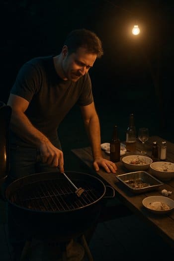 Gecə sonunda sönən qril və yığışdırılan masa