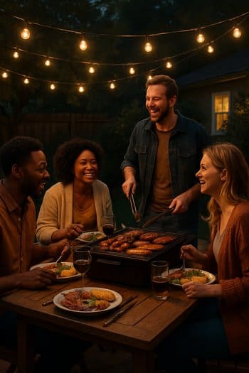 Axşam həyətində qril masası və dostlarla nahar