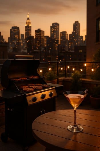 Şəhər mənzərəsi fonunda qril və kokteyl