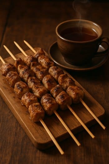 Qril edilmiş ət və süfrədə çay dəsti