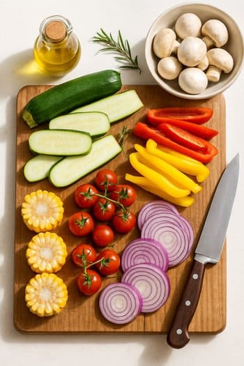 Qril üçün taxta lövhədə doğranmış tərəvəz və ət