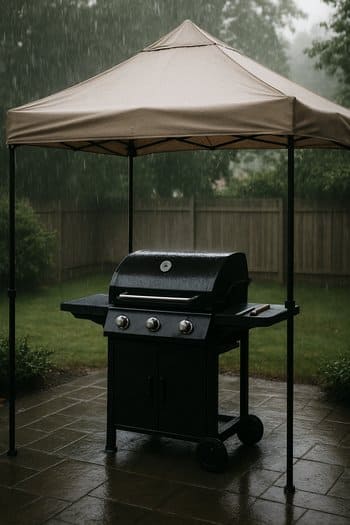 Yağışlı havada tent altında qurulmuş qril zonası