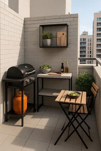 Kiçik terrasa küncündə qurulmuş qril və masa zonası