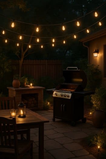 Həyətdə işıq girlyandaları ilə qril zonası