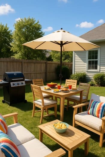 Günəşli həyətdə açıq qril və masa düzülüşü