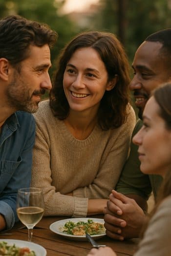 Masa ətrafında söhbət edən qonaqların yaxın görüntüsü