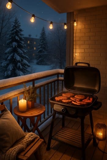 Qış axşamında balkon qril zonası