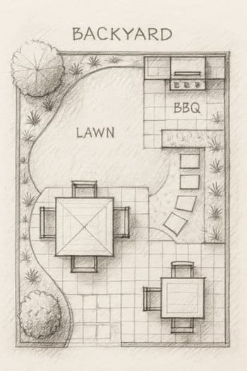 Qril, masa və sakit künc üçün həyət sxem eskizi