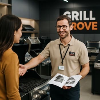 Mağazada qril konsultasiyası alan müştəri