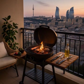 Bakıda balkon qrilində bişən kabab və tərəvəzlər