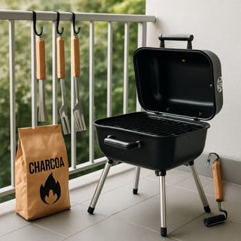 Balkon üçün kompakt qril seti və iki stul