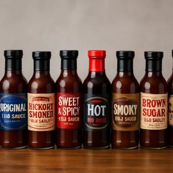 Masanın üstündə müxtəlif BBQ sous butulkaları