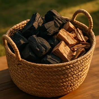 Müxtəlif növ qril kömürü ilə dolu səbət