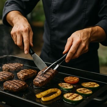 Peşəkar aşpaz qonaq kimi qril başında dayanır