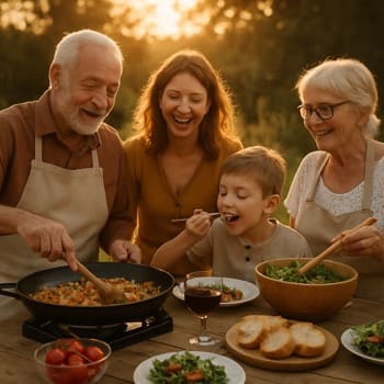 Ailəlikcə bağda qril masası arxasında gərgin olmayan atmosfer