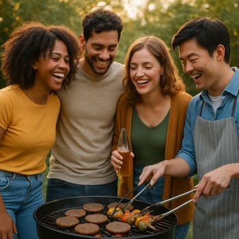 Dostlarla qril masası ətrafında gülüş