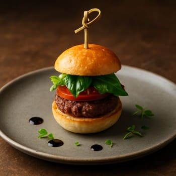 Pinco stilində paylaşmalı boşqabda burger parçaları və tərəvəz