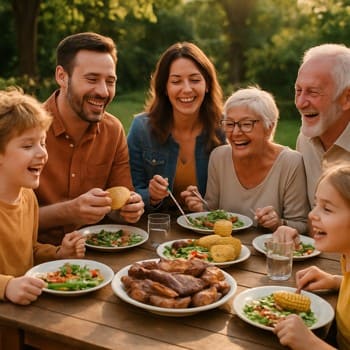 Ailəlikcə bağda qril masası ətrafında toplaşma