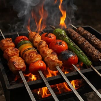 Alovlu manqal üstündə ət və tərəvəz assortisi