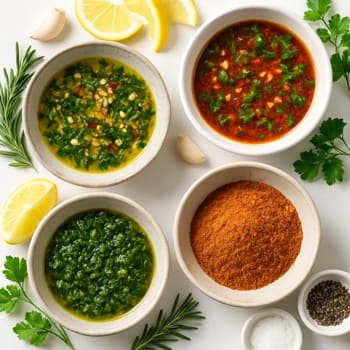 Masanın üstündə müxtəlif marinad kasaları