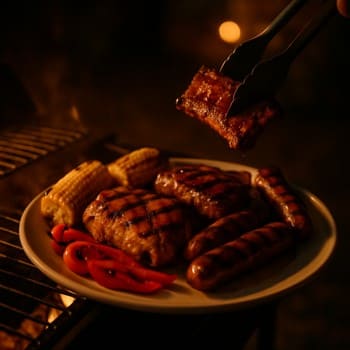 Gecə həyətində qril masasında servis olunan yeməklər