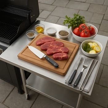 Mətbəx masasında doğranmış tərəvəz və marinad qabları