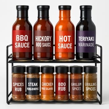 BBQ sousları və ədviyyatların rəf üzərində düzülüşü