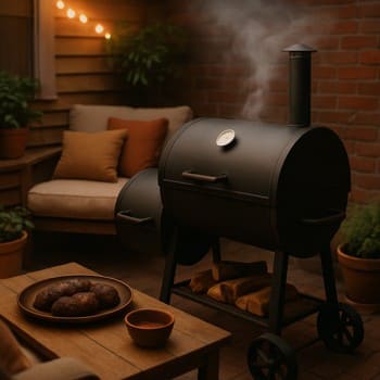 Həyət terrasındakı tüstü qutusu ilə smoker qril