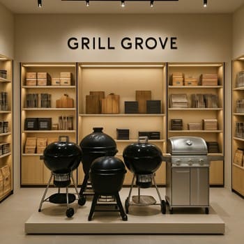 Grill Grove mağazasının içərisində qril və aksesuar vitrinləri