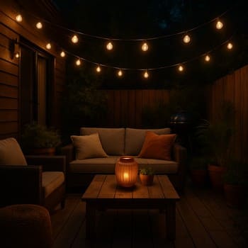 Axşam terrasında işıqlandırılmış qril zonası