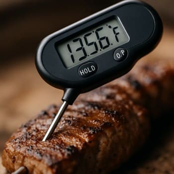 Pitmaster qril termometrini ətin içinə yerləşdirir