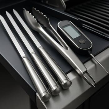 Qril alətləri, şişlər və termometrin yaxın plan görüntüsü